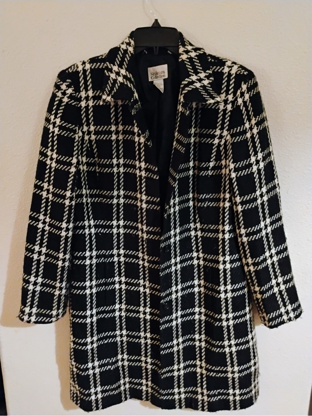 Style & Co. Black and White Plaid Pea Coat